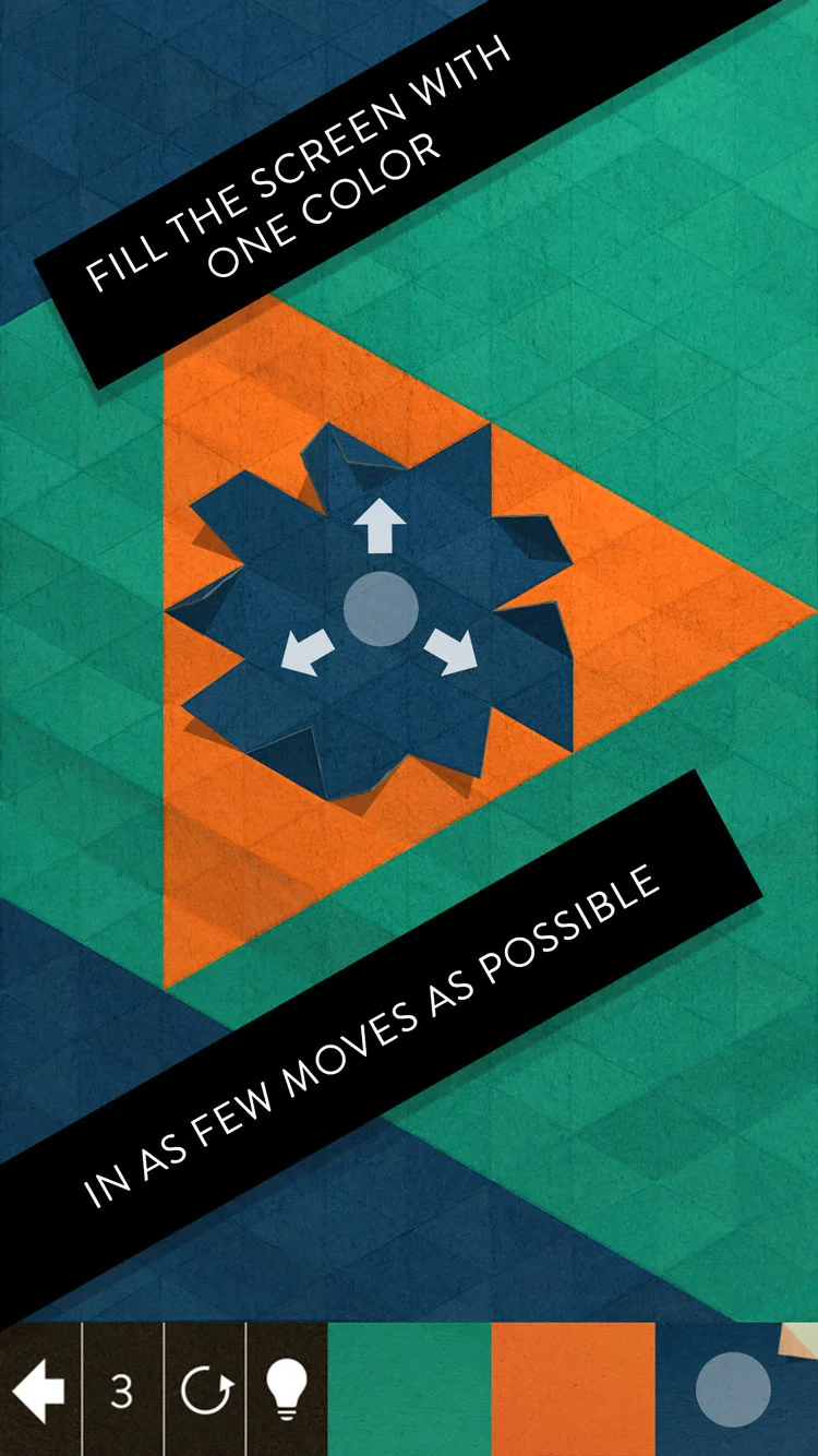 KAMI 2 promotional iPhone screenshot: blue paper folds spread through green and orange regions, with colour choices along the bottom.