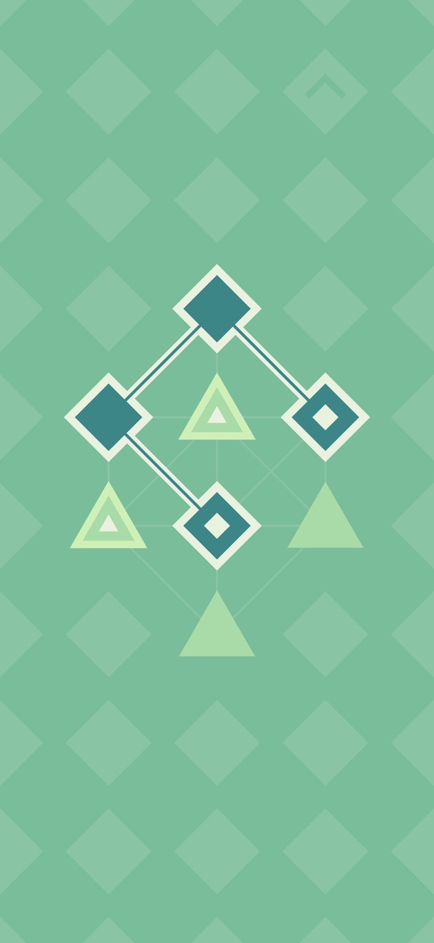 LYNE's iPhone screenshot shows linked diamond shapes and unconnected triangles on a green patterned board.