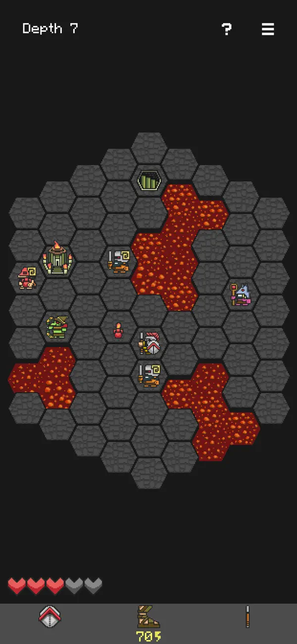 Hoplite's iPhone screenshot shows a fighter, enemies and lava on a compact hexagonal map, with health hearts above the board.