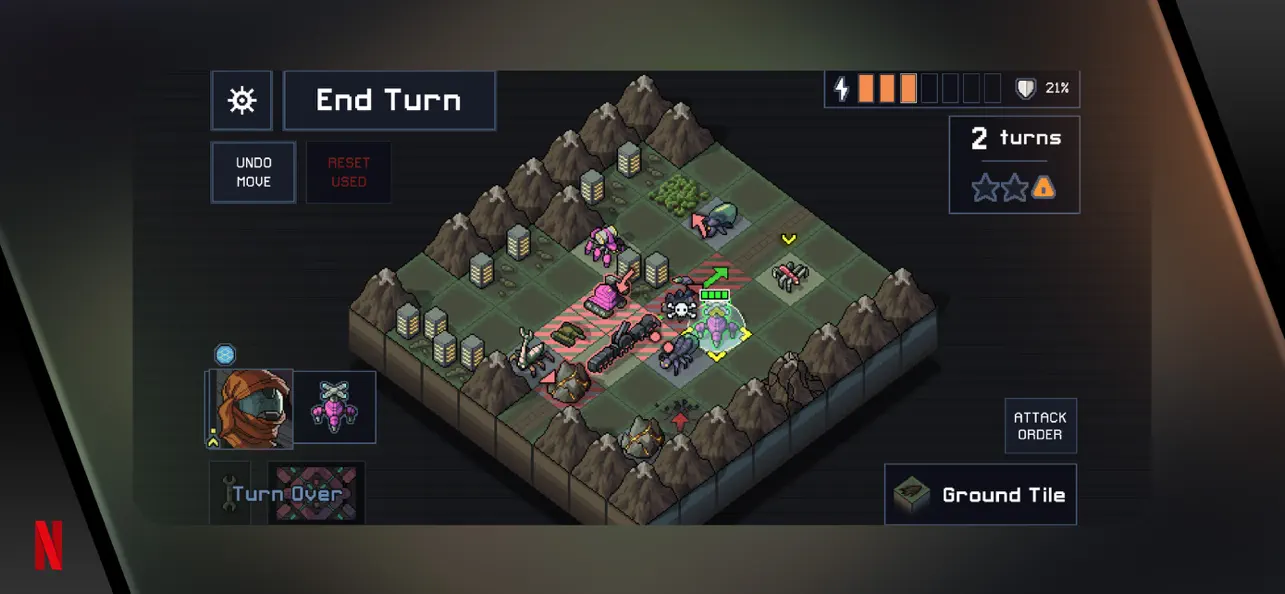 Into the Breach promotional iPhone screenshot shows mechs, enemies and buildings on a wide grid, with attack arrows and an End Turn control.