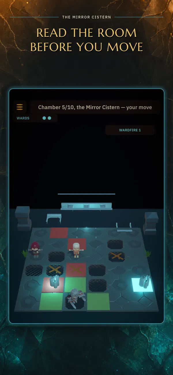 Warden's Mirror Cistern promotional screenshot: enemies and red and green highlighted tiles surround two cyan Lights on a dungeon board.