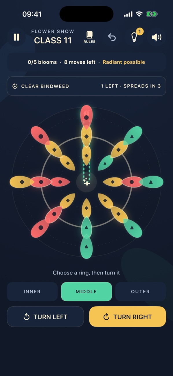 Ringbloom Flower Show Class 11: coloured petals sit on three rings, with eight moves left and buttons to turn the selected ring.